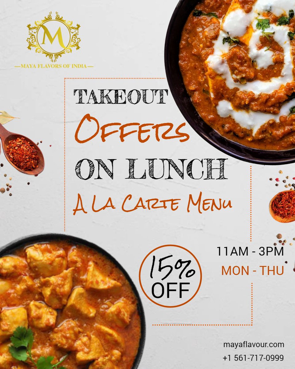 MayaFlavors's tweet photo. TAKEOUT OFFERS!!
LUNCH - à la carte menu
https://t.co/FznMB3I4NG
Call to Order: +1 561-717-0999
#MayaFlavorofIndia #lunch  #instagood #veganfood #takeout #Restaurant   #mayaboca  #foodblogger #mayaindian #food #BocaRatonrestaurant  #lunch #indianfood https://t.co/617kJwDqa3