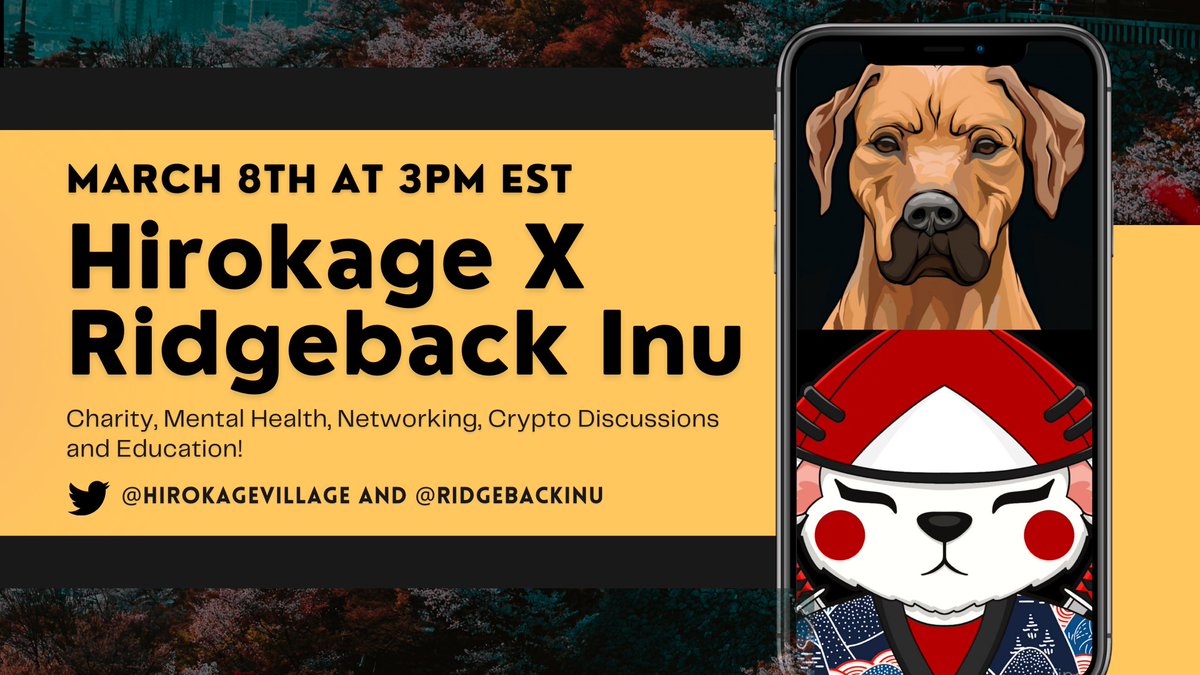 Official_VLPRO's tweet photo. We are happy to announce an upcoming Twitter Spaces hosted by $HIRO and @RidgebackInu on Charity, Mental Health, Networking and Crypto Education! 

March 8th 3PM EST ⛩ Save the date! 

https://t.co/7FKUGk1zgX #SAITAMA #RIDGEBACKINU #HIRO #BRO #HEAL https://t.co/Cy3UqYfjS5