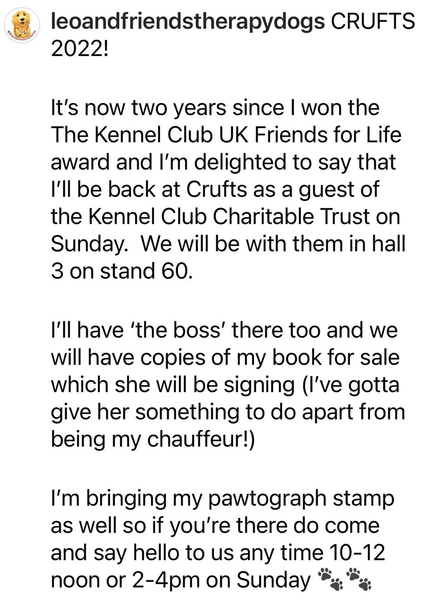 LeoandFriendsTD's tweet photo. Exciting week ahead!
I’ll be back @Crufts on Sunday.  This time to do a book signing of my book ‘Leo &amp; Friends the healing touch’  Details in the pics….do come and say hello! 🐾🐾

#booksigning #AuthorsOfTwitter #dogsoftwitter @HarperCollinsUK @TheKennelClubUK https://t.co/3jDaY1vLH2