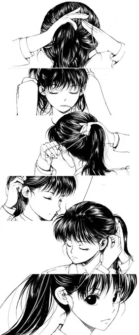 髪をまとめる。 