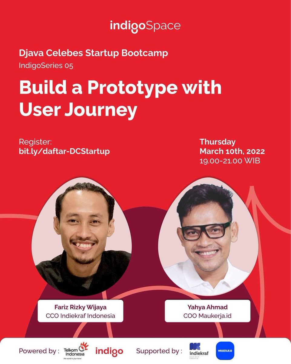 indigospacesub's tweet photo. Seberapa pentingkah peran user journey dalam pembuatan sebuah prototype startup digital? 

Langsung catat tanggalnya ya!

📅 : Kamis, 10 Maret 2022 
⏰ : 19.00-21.00 WIB
🔗 : https://t.co/ZlLqEVN6P9
.
Segera daftarkan startup kalian and build your great prototype! 🔥🔥🔥 https://t.co/iDOvCnkF6J