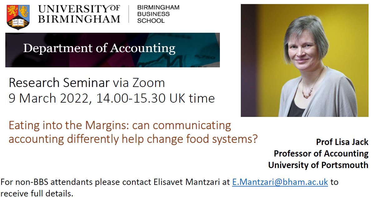 📢We are delighted to host Prof. Lisa Jack, who will be presenting her project on "Eating into the Margins: can communicating accounting differently help change food systems?"
🗓️9 March, 2022 at 2pm UK time
Get in touch if you want to attend!