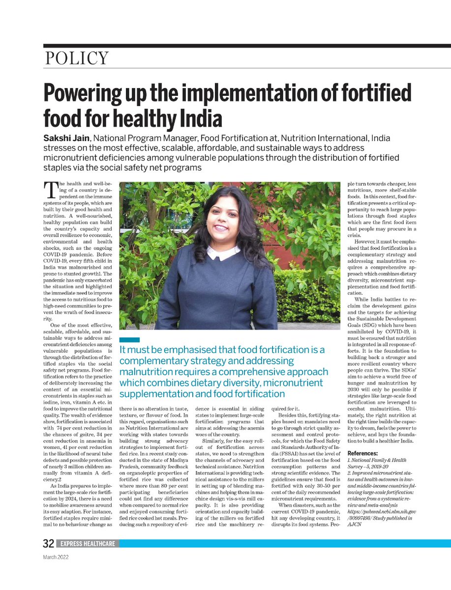 "Addressing malnutrition requires a comprehensive approach which combines dietary diversity,micronutrient supplementation &amp; food fortification," emphasizes Sakhi Jain from <a href="/NutritionIntl/">Nutrition International</a> India in her OpEd on powering up the implementation of food fortification programs in #India