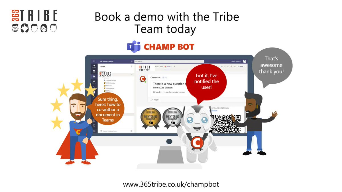 your365tribe's tweet image. Support your users with a Microsoft 365 Q&amp;amp;A BOT that is integrated and accessed via Microsoft Teams. Book a demo today buff.ly/3tp40Ot or request a free 30 day trial: buff.ly/35met4X
#365tribe #champbot #msteams #usersupport #educate #digitalchampions #freetrial