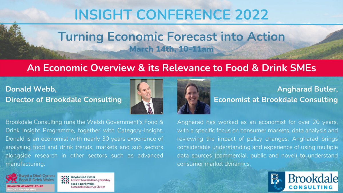 FoodDrinkWales's tweet photo. Welsh food &amp; drink producers, there's still time to sign up and join us next Monday from 10am at the Insight Conference. 

Gain insight into the economic outlook from Brookdale Consulting's experts, Donald Webb and Angharad Butler. 

👉 https://t.co/pOczvwQKc3 https://t.co/BIjfCSpnn8