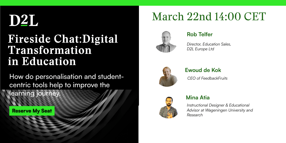 D2L EMEA (@d2l_emea) on Twitter photo As universities continue to embrace the future of teaching & learning, how do personalisation & educational tools help to improve the learner journey? Join us, alongside <a href="/FeedbackFruits/">FeedbackFruits</a> & <a href="/WUR/">Wageningen U&R</a> on March 22 for a discussion #edchat #highered ow.ly/zasa50IamTA As universities continue to embrace the future of teaching & learning, how do personalisation & educational tools help to improve the learner journey? Join us, alongside <a href="/FeedbackFruits/">FeedbackFruits</a> & <a href="/WUR/">Wageningen U&R</a> on March 22 for a discussion #edchat #highered ow.ly/zasa50IamTA