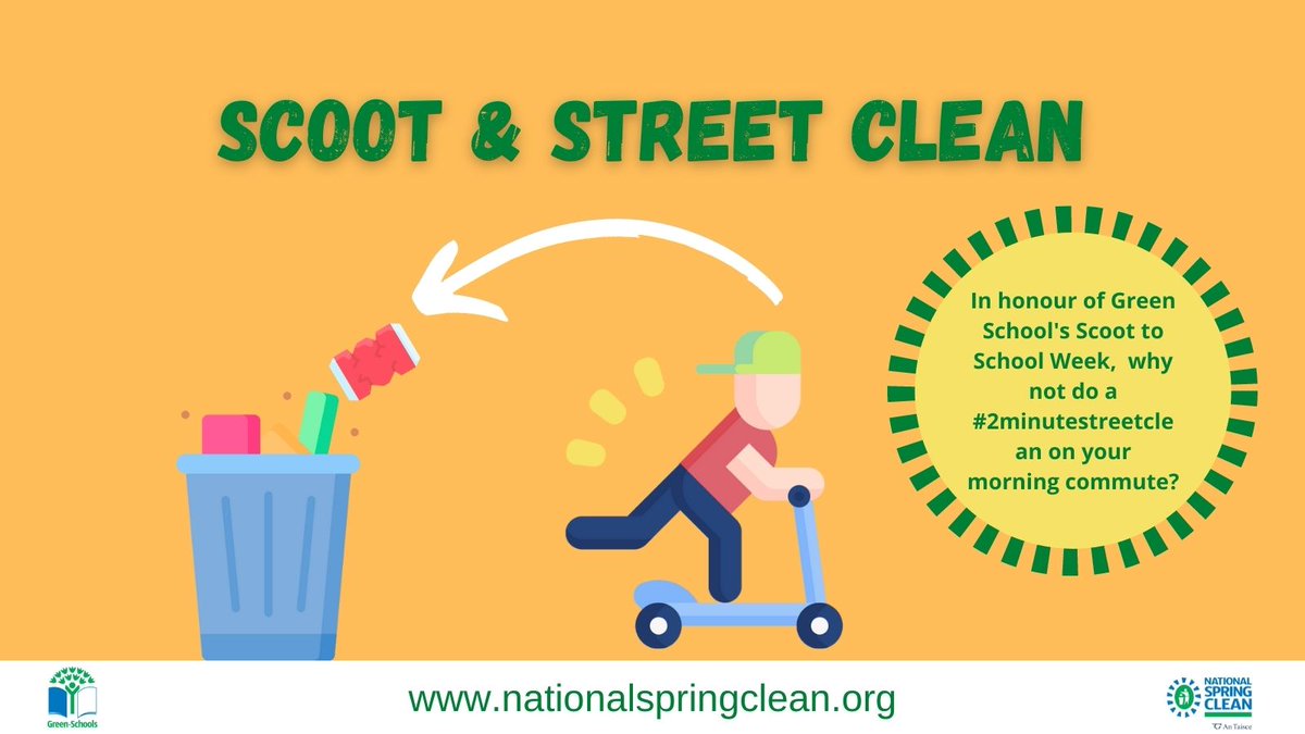 NationalSpringC's tweet photo. Itβs @GreenSchoolsIre #scoottoschool week & what better way to clean up your area in 2 minutes than on wheels π΄ With a parent/ guardian, try doing a #2minutestreetclean and safely pick up litter you see on your way to or from school ποΈ #SpringClean21 #SDGsIrl #Ireland https://t.co/4UPMm6e8cq