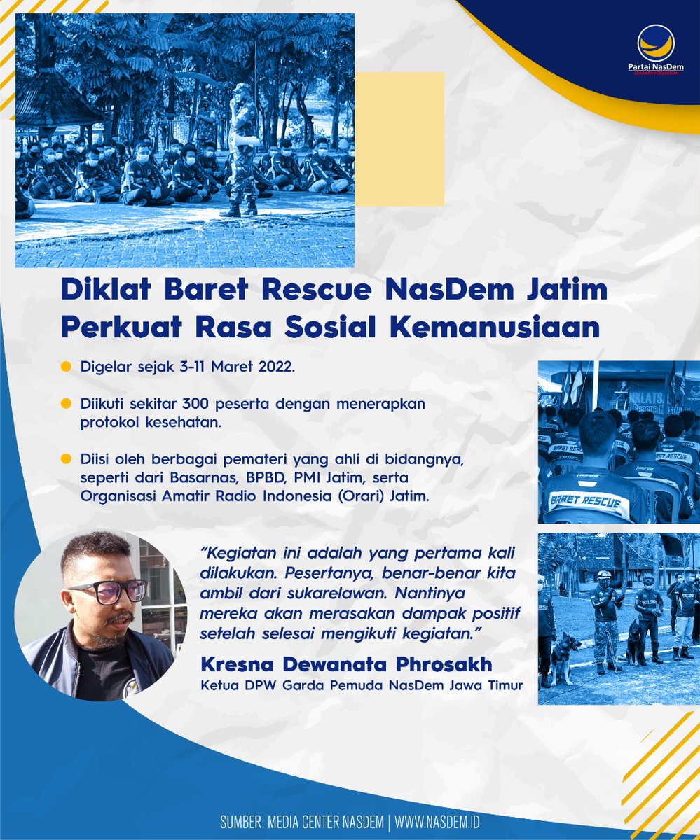Partai NasDem menggelar pendidikan dan pelatihan (Diklat) Baret Rescue NasDem sebagai salah satu cara untuk memperkuat rasa sosial kemanusiaan di masyarakat.