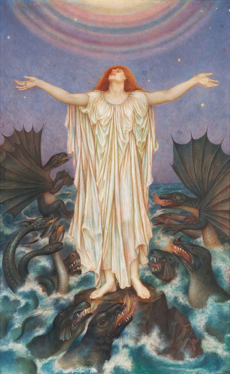 PreRaphSoc's tweet photo. 'S.O.S' by Evelyn de Morgan (1914-1916 @DeMorganF) for this week's #MagicMonday, a response to the horror &amp; futility of WW 1, taking its title from the then relatively new Morse code cry for help. The sole white-robed female figure symbolises the innocence of the victims of war. https://t.co/c3l5Uxg4gD