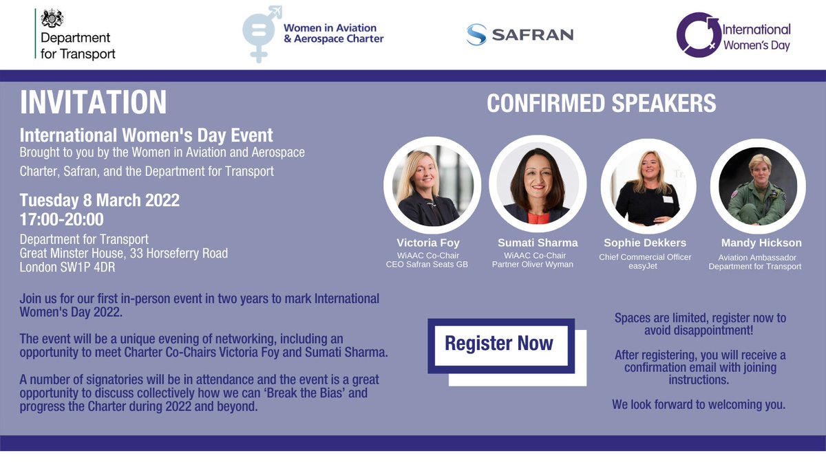 🚨 Last chance to register for our #IWD2022 event. Including speakers from <a href="/easyJet/">easyJet</a>, <a href="/OliverWyman/">Oliver Wyman</a>, <a href="/SafranSeats/">Safran Seats</a>, <a href="/transportgovuk/">Department for Transport</a>. 
Register for FREE now: eventbrite.co.uk/e/internationa…
<a href="/womensday/">Women's Day</a> <a href="/nonstopflight/">Sumati</a> #aviation #aerospace #networkingevent #London
