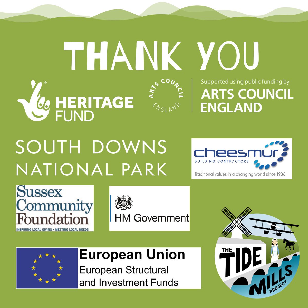 WalkChalkSussex's tweet photo. The #Tidemillsproject would not have happened without the support of our incredible funders! A huge thank you to @HeritageFundUK , @ace_national , @sdnpa @SussexGiving, @cheesmur2009 , HM Government and European Regional Development Fund https://t.co/v27YktQAQB