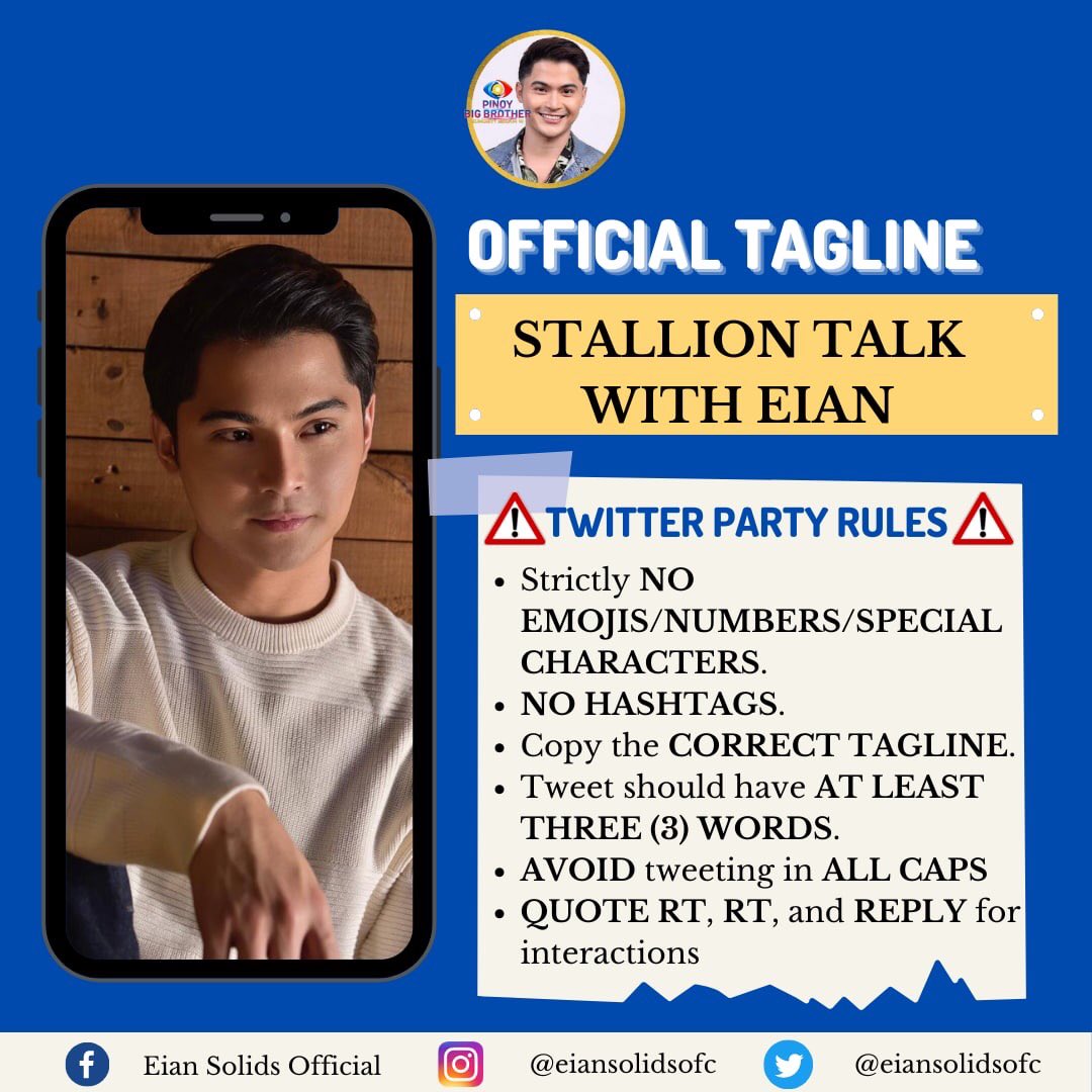 EianTrendsetter's tweet photo. OUR TWITTER PARTY OFFICIALLY STARTS NOW!

Official tagline:
STALLION TALK WITH EIAN

Reminders:
-No Emojis, Symbols &amp; Digits
-No Double Tagging
-Minimum of three words per tweet
-Engage to all BIG accounts

Tweet • Retweet • Quote • Reply https://t.co/GYIEXq5Cy1
