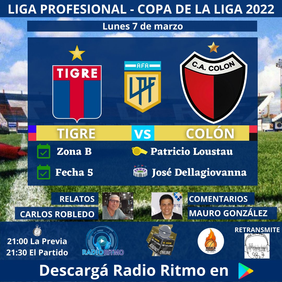 Radio_RitmoSF's tweet photo. JUEGA COLÓN
El Sabalero visita a @catigreoficial por una nueva fecha de la Copa de la Liga. Será desde las 21.30 y lo vivirás por la #TripleSintoniaDigital de @Radio_RitmoSF, @marcapersonalsf y @elshowdelaliga junto a #FMPopular 98.7.
Te esperamos para otra transmisión! https://t.co/umTqA0qO4Z