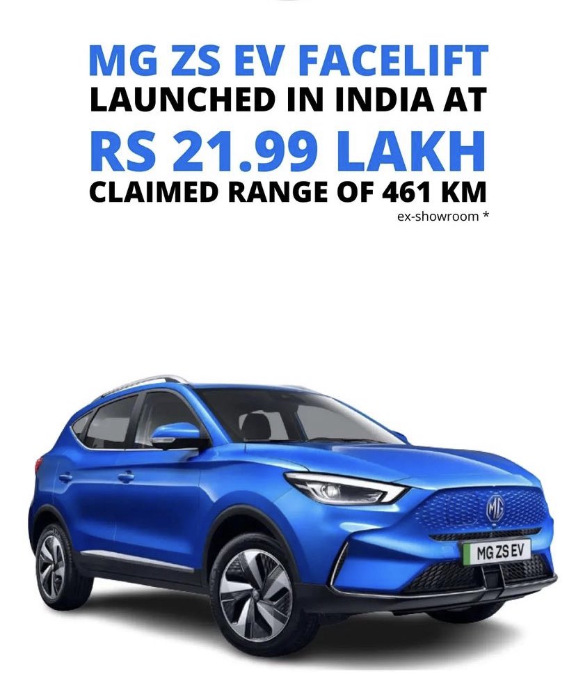 CRP_India's tweet photo. New MG ZS EV facelift launched in India; prices start at Rs 22 lakh.

@MGMotorIn #MGZSEV #MGZSEVFacelift #MG #ZSEV #ElectricVehicles https://t.co/Y1NLPkrEVI