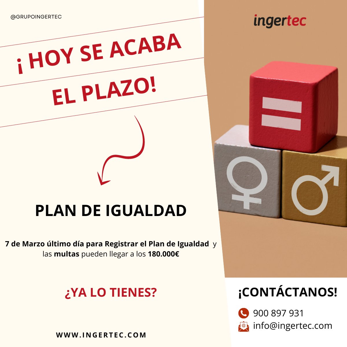 Ingertec's tweet photo. 7 de Marzo:¡ÚLTIMO DÍA PARA EL #PLANDEIGUALDAD!

¿LO TIENES YA? ¿SABES QUÉ PASOS DAR? ¿SABES CÓMO EMPEZAR?

Nuestro expertos sí, y te están esperando

900 897 931 | info@ingertec.com

#igualdaddeoportunidades #planesdeigualdaddempresas #leyigualdad #igualdadegenero #GrupoIngertec https://t.co/0dzX6C6Cik