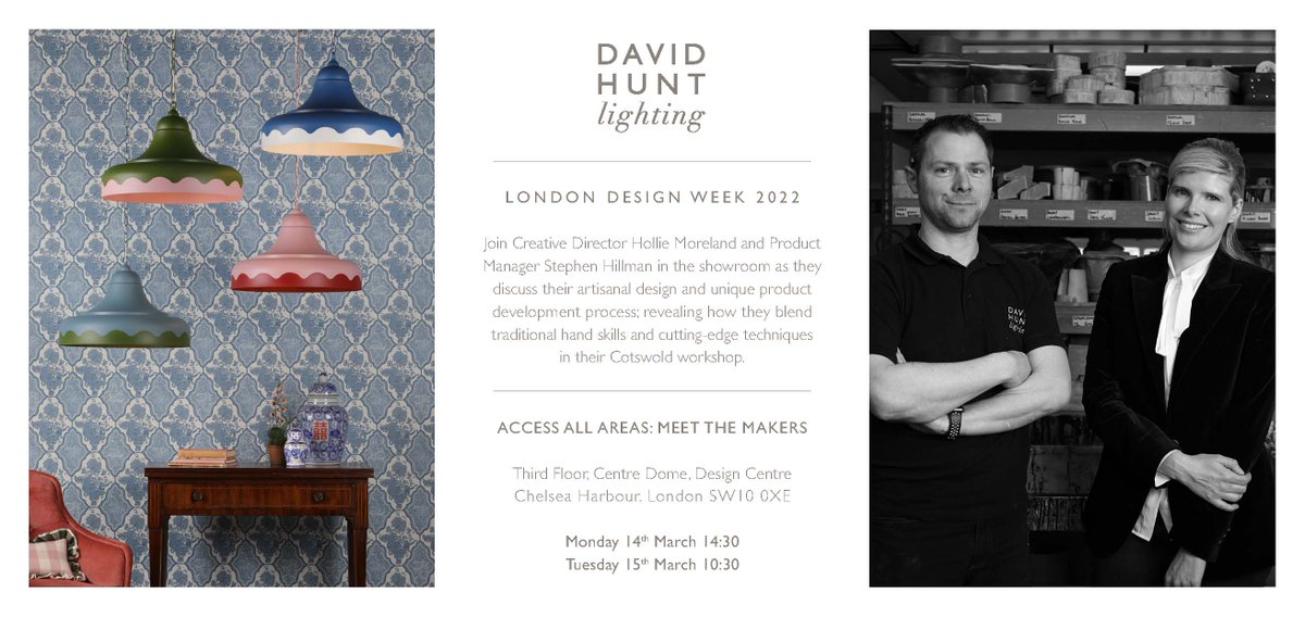 Join our creative director Hollie Moreland and product manager Stephen Hillman for #LDW22 <a href="/DesignCentreCH/">Design Centre Chelsea Harbour</a> as they discuss their artisanal design and unique product development process, 
David Hunt Lighting, Third Floor, Centre Dome Design Centre - 
dcch.co.uk/.../access-all…