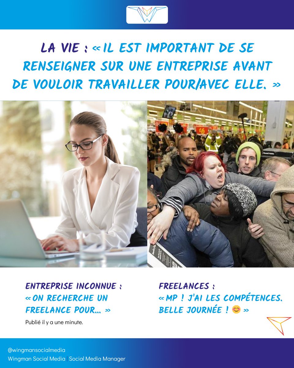 WingmanSoMe's tweet photo. Candidatures : Vie vs Freelances

POURQUOI !? 😫
Renseigne-toi (un minimum) sur l'entreprise, ce qu'elle propose, l'offre en elle-même, etc. avant de montrer ton intérêt et de contacter l'auteur de l'offre ! https://t.co/5C7T6y8uMM