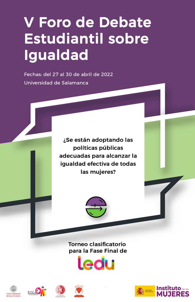 ⚠️ Se nos agotan las plazas ❗️❗️

▶️ Si quieres participar en el V FDE=, tienes hasta mañana 8️⃣de marzo para reservar tu plaza, enviando un correo electrónico a fdeigualdad@usal.es 

Recuerda que el vencedor ganará 2️⃣.0️⃣0️⃣0️⃣ euros y pasará a la fase final de la <a href="/LEDU_debate/">Liga Española de Debate Universitario</a>