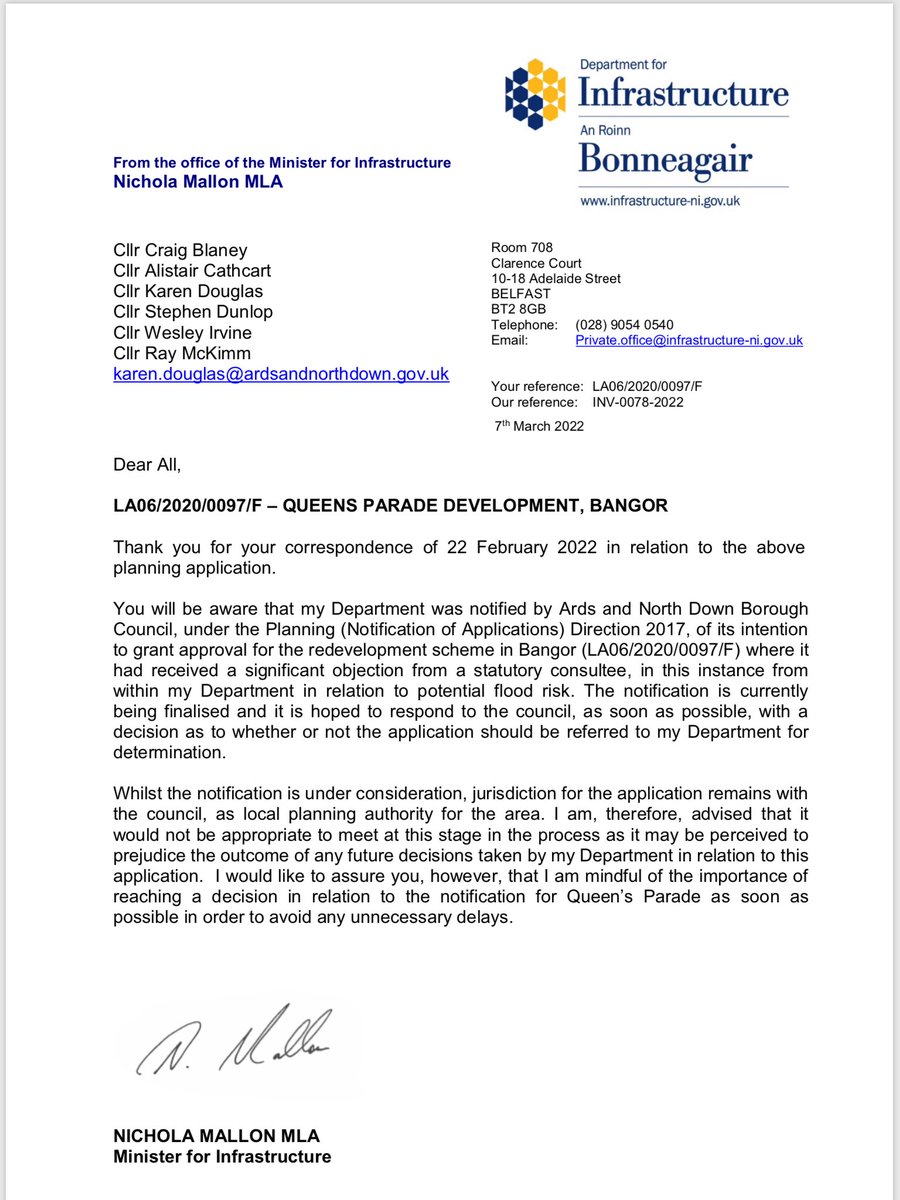 KarenDouglas_NI's tweet photo. Disappointed the Minister for @deptinfra will not be taking up the invite to meet with us as Councillors for Bangor Central to discuss the delay with the Queen’s Parade Regeneration #ActNowMinister #NoMoreDelay #SupportBangor @ANDborough https://t.co/TQd7nNsmGx