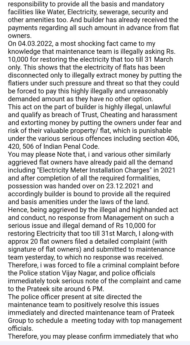 abhisuny's tweet image. @Prateek_Group ग्रैंड सिटी  सिद्धारत विहार की एक और दादागिरी काटी 80 से ज्यादा पोससेशन फ्लैटों की बिजली और बदले में मांगे 10000 प्रति माह। @dm_ghaziabad @CMOfficeUP @PMOIndia @narendramodi @UPHDBHQ @mayor_Ghaziabad @UPPCLLKO @Uppolice @AtulGargBJP 
निवासियों की लिखित कंप्लेंट
