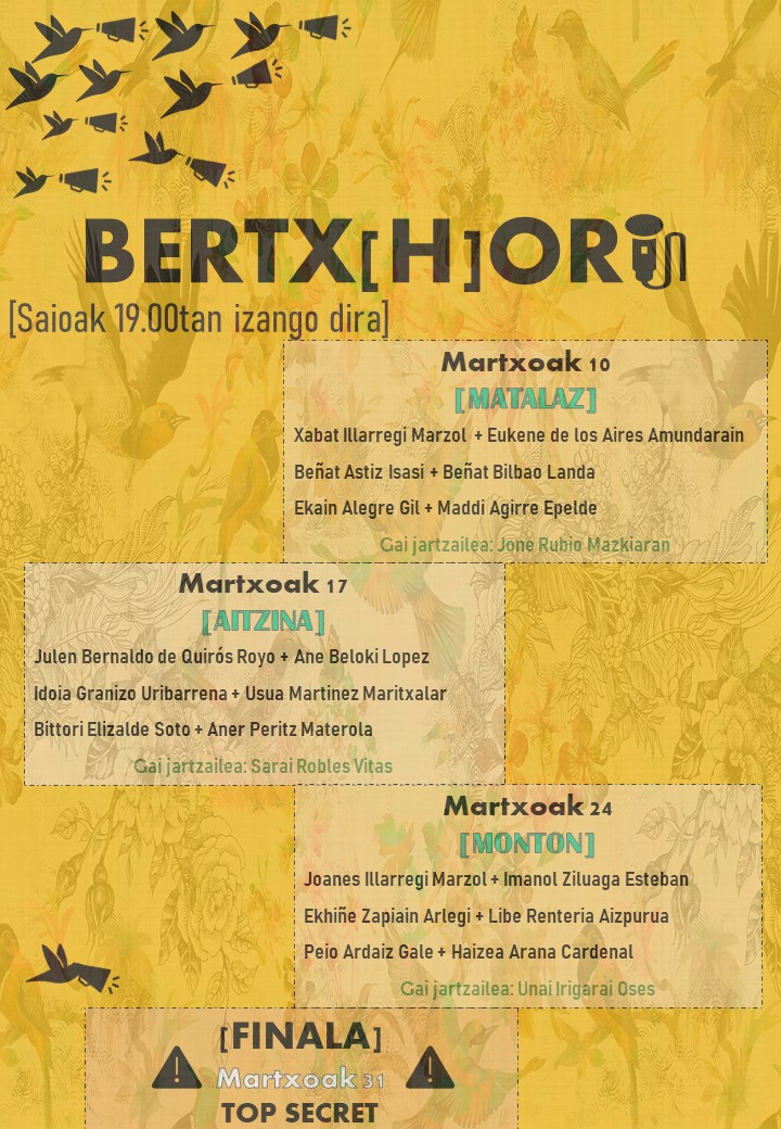 BertxHori's tweet photo. Adi!
Aste honetan abiatuko da Bertx(H)ori!🐥📣
Apuntatu dituzu saioak agendan?📝

Lagundu Bertx(h)ori sareetan zabaltzen!
#Txio https://t.co/DLarAOA7Es