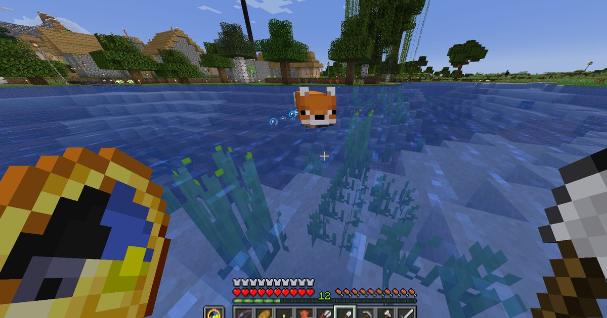 jr4_wld's tweet photo. えっ？
当たり前だけどきみって泳ぐの得意なのね？
この後まさかの水中で鮭くわえて上陸だぜ

#マインクラフト 　＃マイクラ　#Java1.18.2 https://t.co/j0i4pbZYhN
