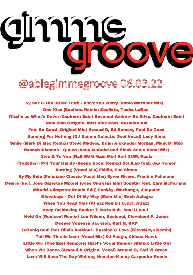 ablegimmegroove's tweet photo. Check out this weeks Gimme Groove show on #RinseFM . #Housemusic #DeepHouse #SoulfulHouse #VocalHouse #USGarage #AfroHouse #DjAble 

https://t.co/1hHlgXbOS3 https://t.co/ZVydreBJIf