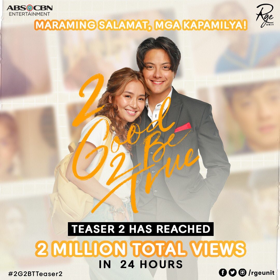 22o ang excitement dahil naka-2 Million views na tayo mga Kapamilya! 2 Good 2 Be True malapit na! #2G2BT #2G2BTTeaser2 #KathNiel

Watch here: 

YouTube link: 
m.youtube.com/watch?v=j17FWS…

FB link: fb.watch/bAj7WxIymL/
