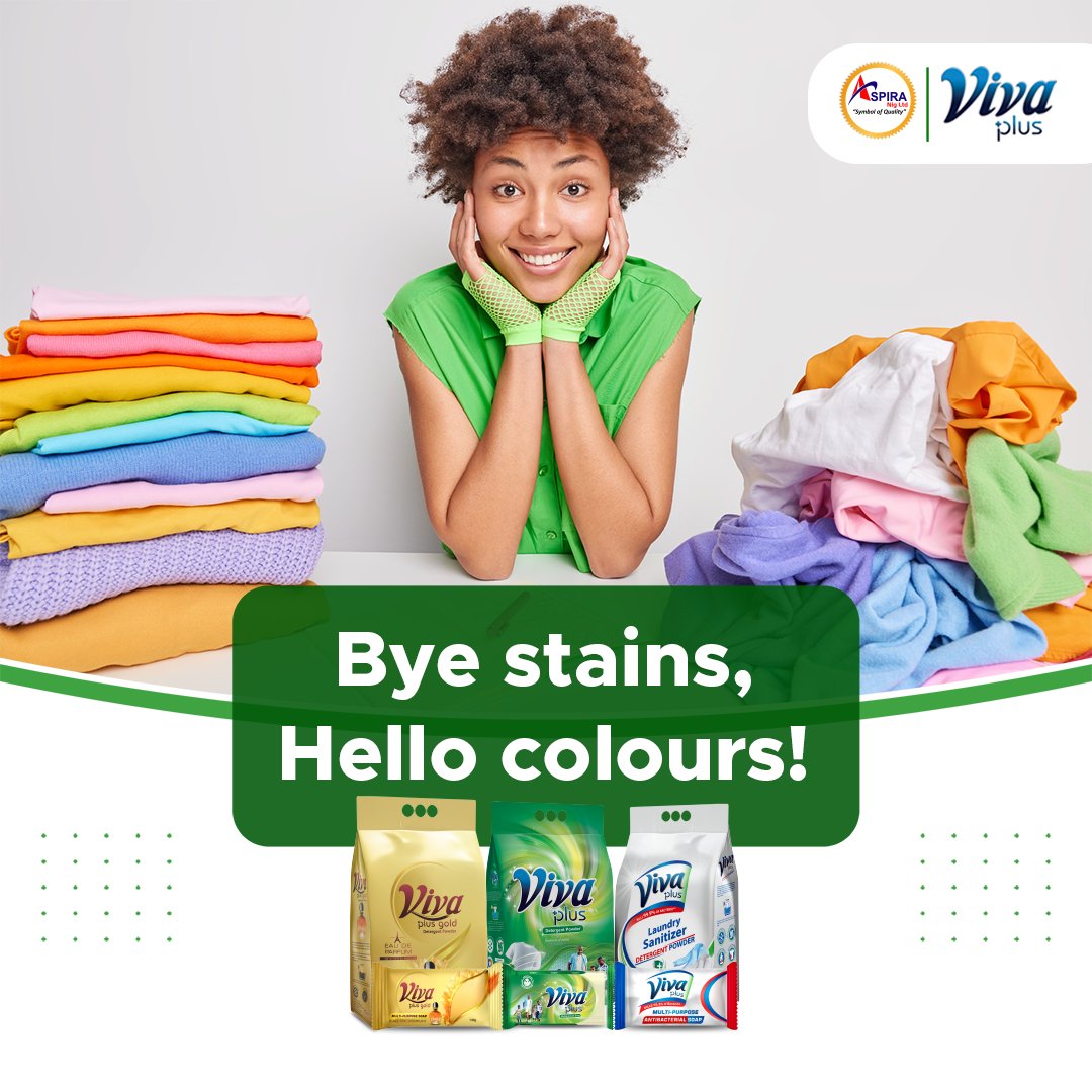 VivaDetergent's tweet photo. Bring colour to your week with clean clothes courtesy of Viva Plus 👚👕🎽Cheers to a new amazing week💗🥳🙌

#VivaPlus #AspiraNigeria #StrongerThanStain #Perfumedetergent #VivaPlusDetergent #MondayMotivation https://t.co/kv9nQuXlXV