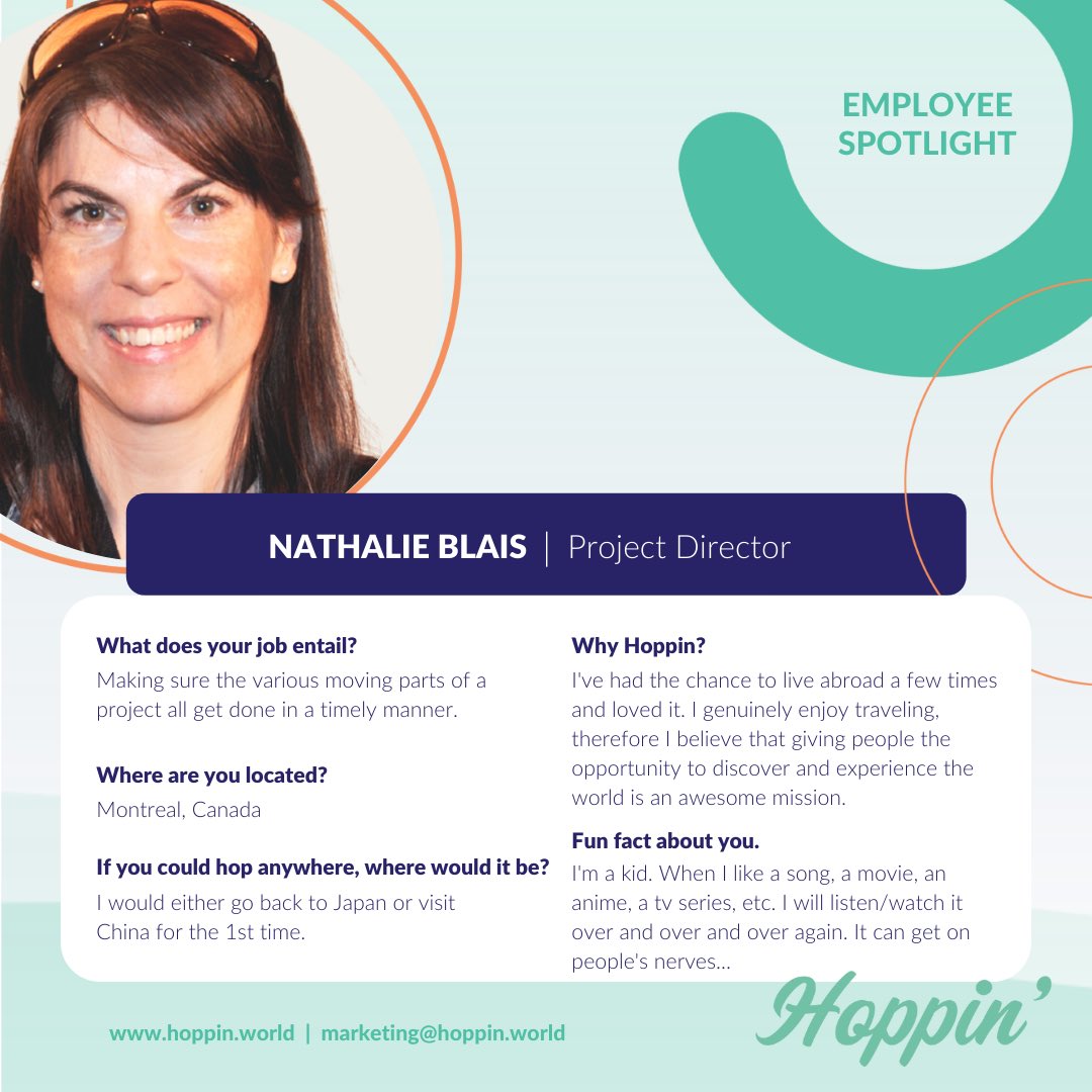 #MeetTheTeamMonday Spotlight on our wonderful Project Director, Nathalie Blais. Without her, projects could not be done in a timely manner. Let us know if you are also a kid at heart and love to listen/watch songs &amp; movies over and over again. 🎥 🎤 
.
.
.
#travel #meta #Employee