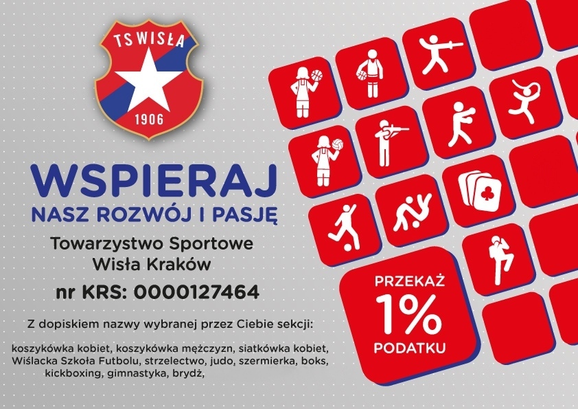Sympatycy Białej Gwiazdy co roku mają możliwość przekazania 1% podatku dochodowego na rzecz Towarzystwa Sportowego Wisła Kraków.

Towarzystwo Sportowe Wisła Kraków
numer KRS: 0000127464

tswisla.pl/1-podatku-doch…
