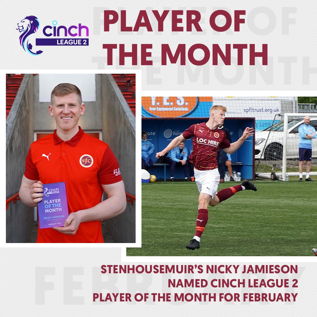spfl's tweet image. 🏆 Congratulations to @StenhousemuirFC's Nicky Jamieson who has been presented with the @cinchuk League 2 Player of the Month award for February!

#cinchL2