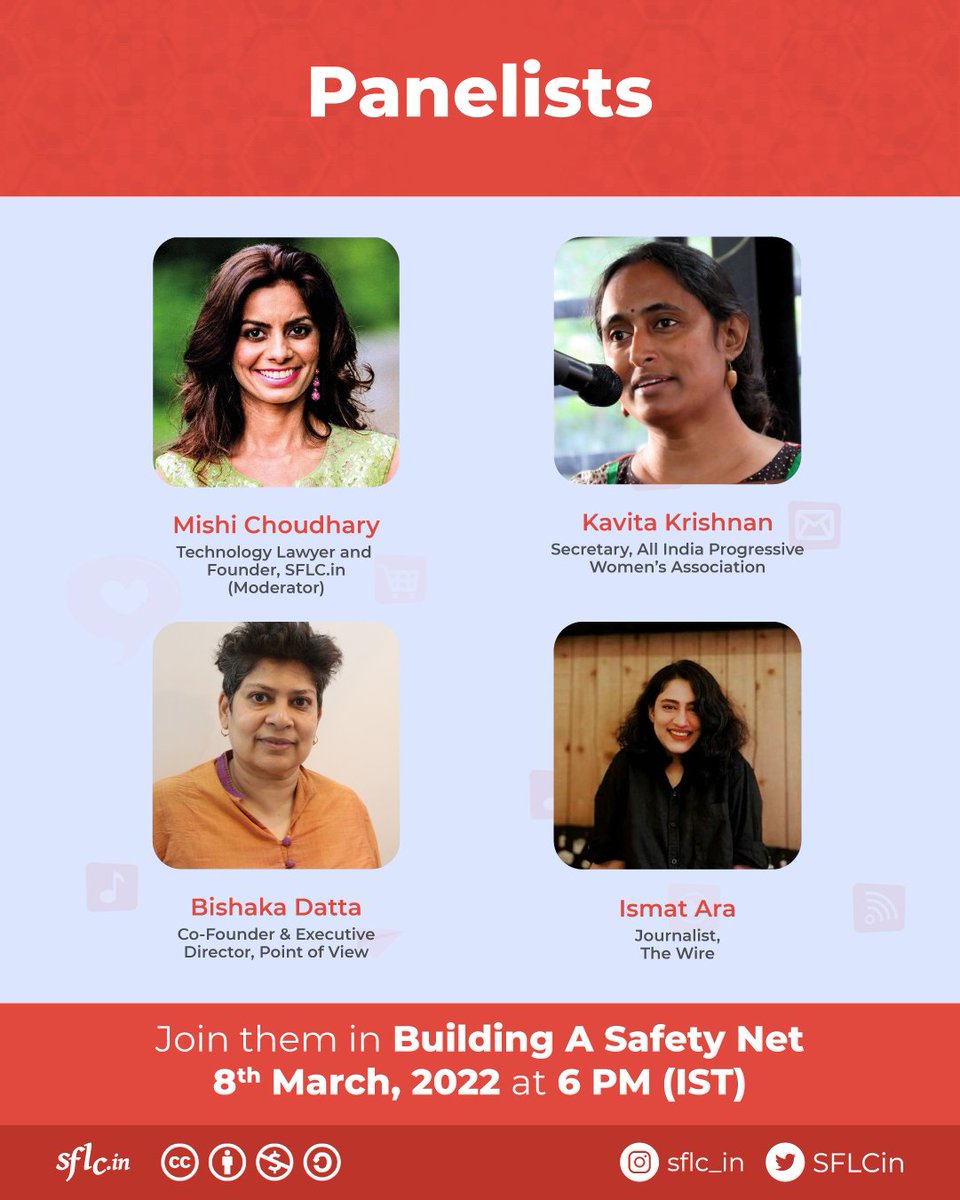 SFLCin's tweet image. #EventAlert 
&apos;Building A Safety Net&apos; - join
@IsmatAraa, @busydot, @kavita_krishnan &amp;amp; @MishiChoudhary this #WomensDay as they discuss women&apos;s safety in online spaces and the ways to fight back &amp;amp; reclaim the internet.

Set a reminder for our YouTube Live: 
youtu.be/0Irdqi46c_8