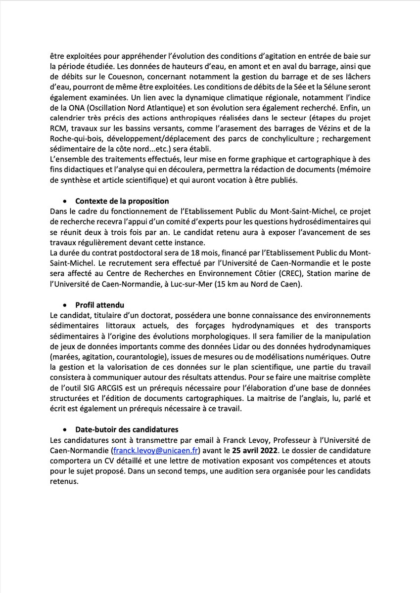 EPMontStMichel's tweet photo. « Transferts sédimentaires et évolution de la petite baie du Mont-Saint-Michel entre 2009 et 2021 »

👩‍🎓L’@EPMontStMichel propose de financer le recrutement d’un #chercheur en #postdoc au sein du Centre de Recherche en Environnements Côtiers de l’@Universite_Caen (CREC). https://t.co/ldwRcKY8LP