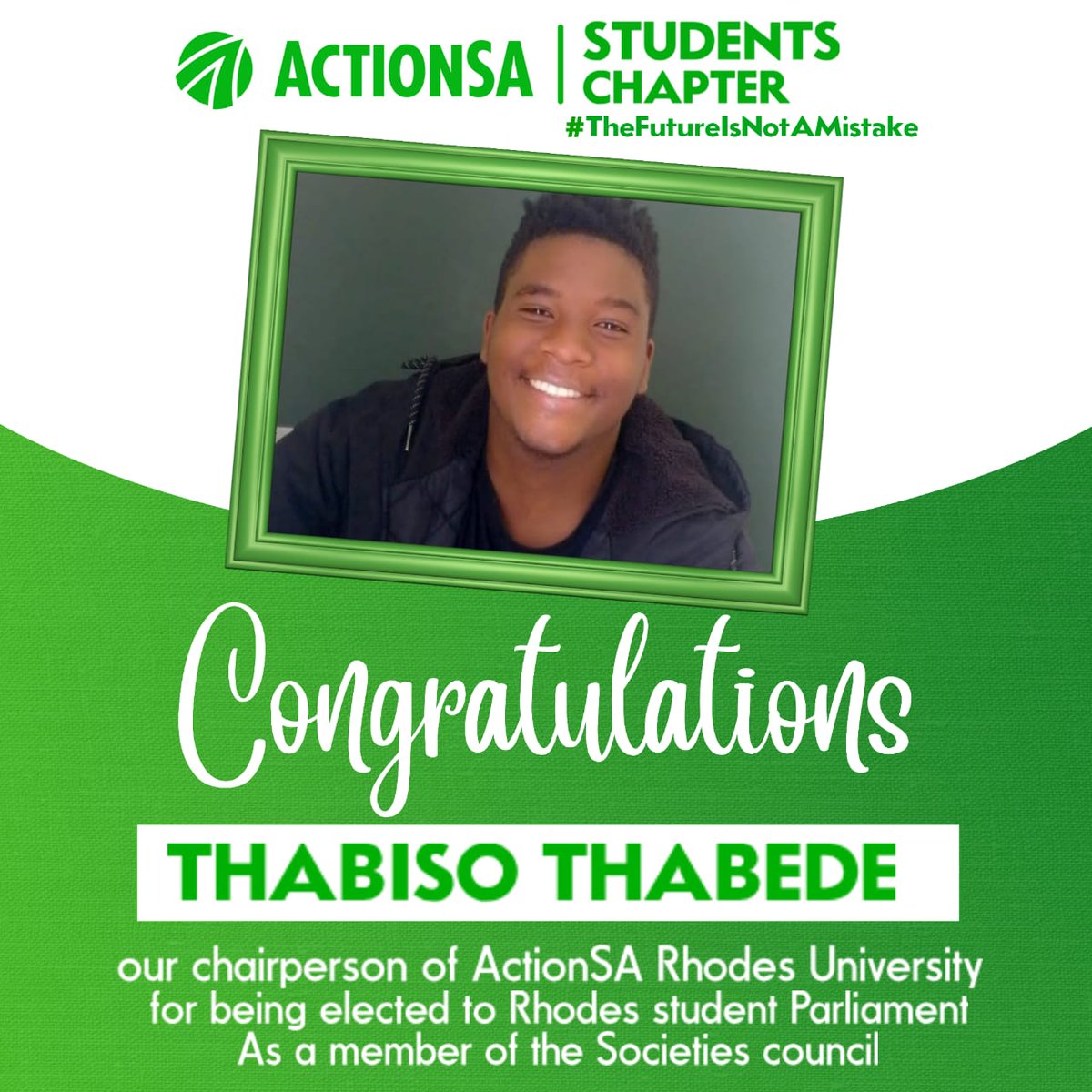 __Tshireletso_'s tweet photo. Congratulations to Thabiso Thabede, our @Action4SA Rhodes University Chairperson, For being elected to the Rhodes Student Parliament as a member of the Societies council
#ActionSAStudentsChapter π
#TheFutureIsNotAMistake πΏπ¦
@yabohlale @TshepisoModiba6 @katt_005 https://t.co/hDzQOWEezw