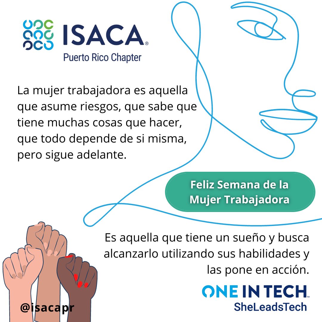 isacapr2014's tweet photo. Feliz Semana de la Mujer Trabajadora les desea #isacapr .
La #mujertrabajadora es aquella que asume riesgos, que sabe que tiene muchas cosas que hacer, que todo depende de si misma, pero sigue adelante.
#sheleadstech #isacapuertorico #felizsemanadelamujer #oneintech https://t.co/6xFYGExZ70