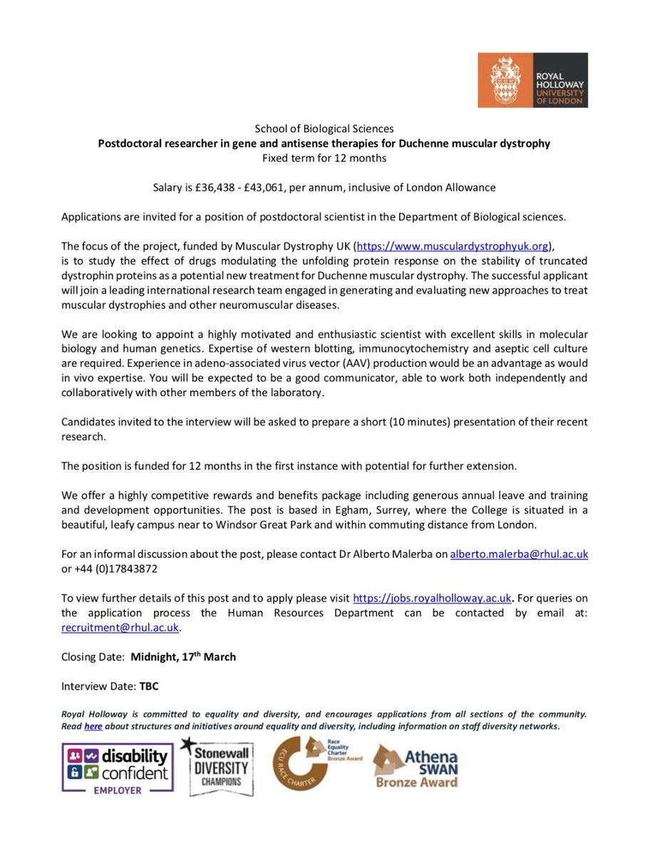 We are looking for a postdoctoral researcher, interested in gene and antisense therapies, to join our lab! For more details or an informal discussion contact Dr. Alberto Malerba Alberto.Malerba@rhul.ac.uk <a href="/_BSGCT/">BSGCT</a>