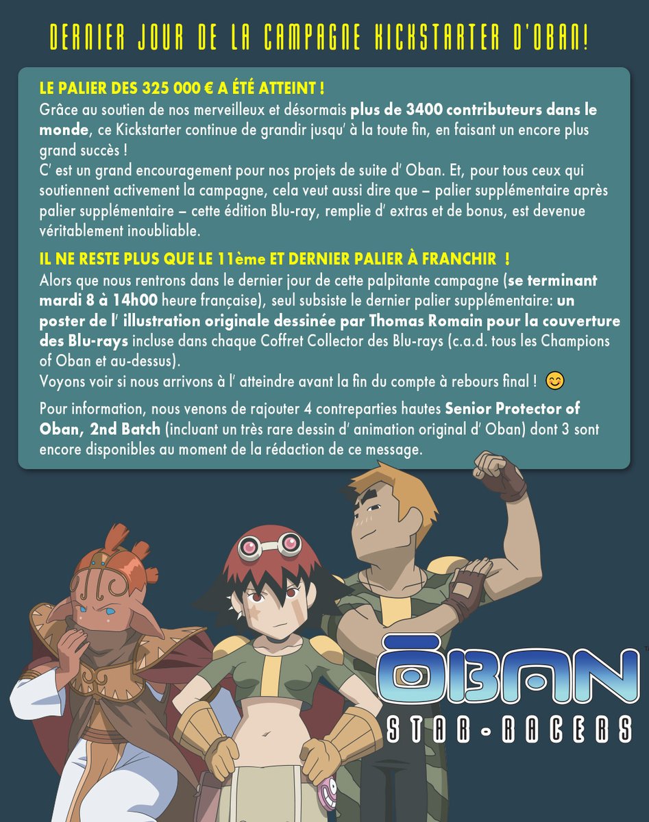 EiffelSavin's tweet photo. Et un message en français pour changer: dernières heures du #Kickstarter #ObanStarRacers! Il reste 1 palier à atteindre mais quoi qu'il arrive cela aura été grâce à vous une merveilleuse course!🙂
https://t.co/4MKShwfs9f
#manga #anime #animation #France3 #Nolife #オーバン #Toowam https://t.co/8HiTN9Ydh3