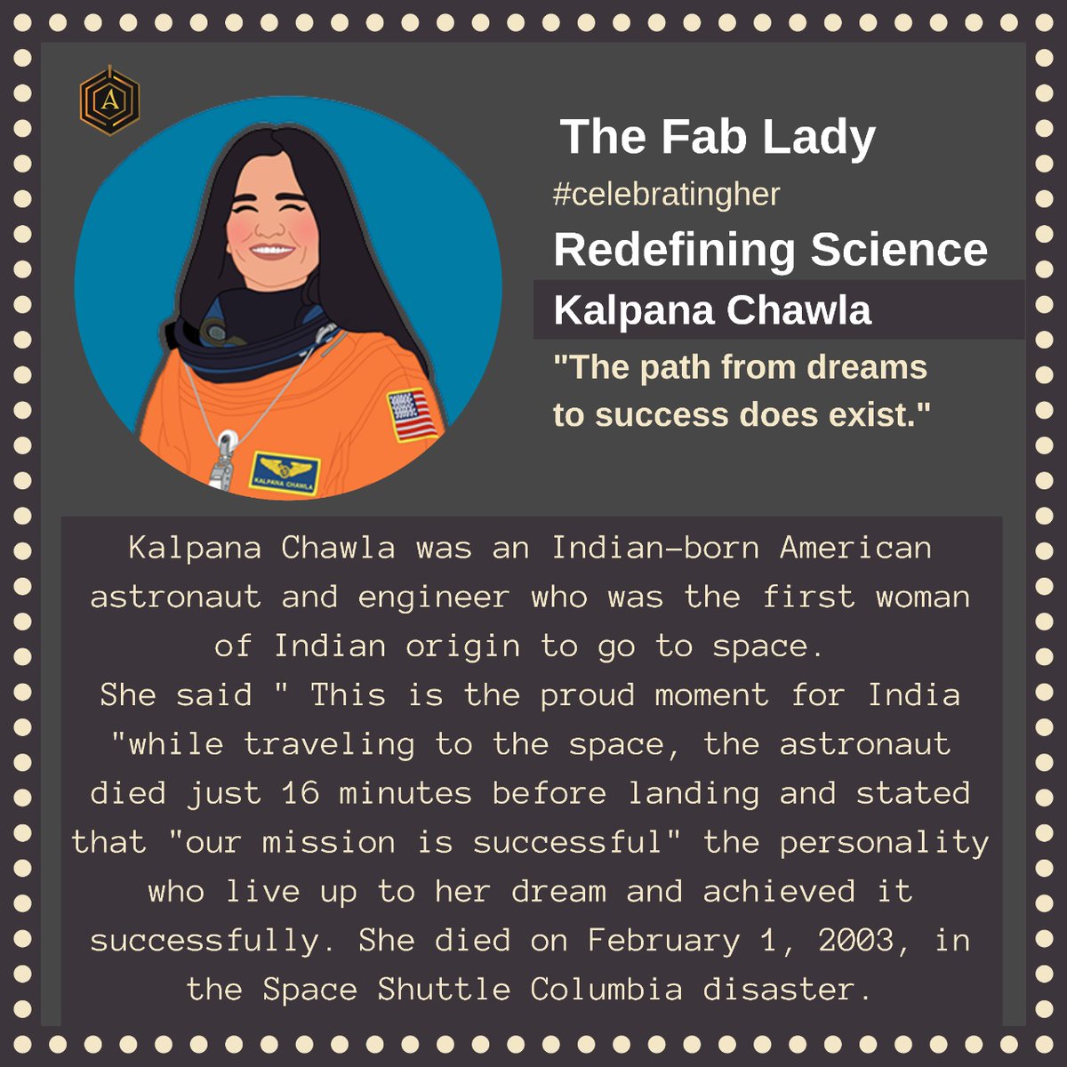 aristavault's tweet photo. "The path from dreams to success does exist."
~Kalpana Chawla
.
The Fab Lady,
story 3
#redefiningscience
.
More stories to come.
Stay tuned and follow @aristavault
.
.
#aristavault #fablady #celebratingher #InternationalWomensDay2022 #WomensDay https://t.co/oi9pBZLrEy