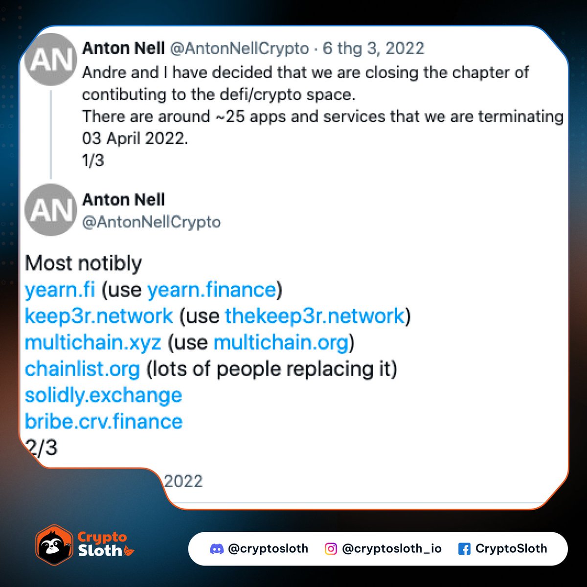 CryptoSloth_io's tweet photo. 📣ANTON NELL AND ANDRE CRONJE SAY GOODBYE TO DEFI/CRYPTO
#nftcollectibles #nfts #crypto #cryptocurrency #blockchain #nft #metaverse #nftcommunity #nftcollector #Defi #blockchainnews #assetmanagement
👉 Check out  https://t.co/sNKbSuYdKI for more! https://t.co/aNqsHIpRmz