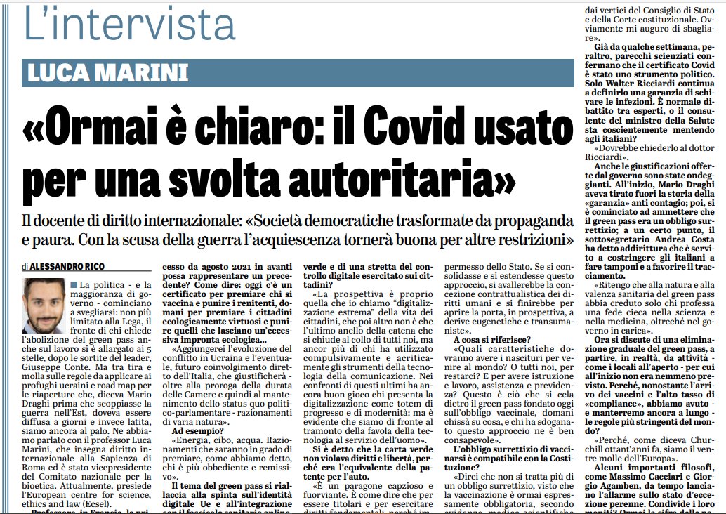 OrtigiaP's tweet photo. L'acquiescenza di troppi sta portando alla svolta totalitaria. Il Covid è stato gestito con  strumenti politici e non sanitari creando vera discriminazione. Per diritti e libertà ci vuole il consenso dello Stato,deriva che apre le porte all'eugentica e al transumanesimo. #Marini https://t.co/bUMYsXAwbj