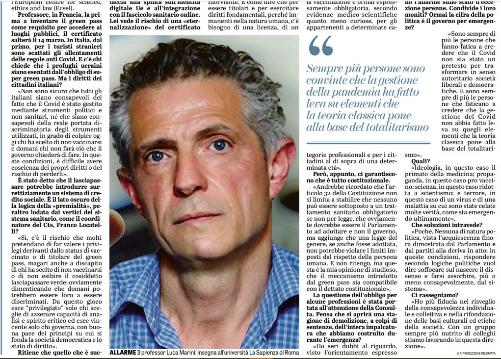 OrtigiaP's tweet photo. L'acquiescenza di troppi sta portando alla svolta totalitaria. Il Covid è stato gestito con  strumenti politici e non sanitari creando vera discriminazione. Per diritti e libertà ci vuole il consenso dello Stato,deriva che apre le porte all'eugentica e al transumanesimo. #Marini https://t.co/bUMYsXAwbj