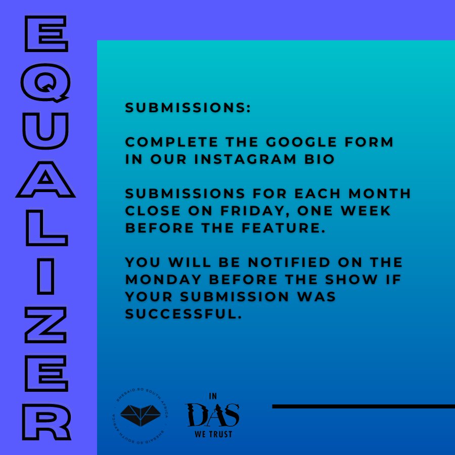 Calling all QUEER + FEMME electronic artists from across AFRICA to submit your music for #EQUALIZER - an initiative in partnership with <a href="/shesaidso_za/">shesaid.so South Africa</a> <a href="/shesaid_so/">shesaid.so</a>.

Follow the link in my bio to send us your music and mixes, and get featured on my <a href="/5FM/">5FM</a> show.

#sssSA #InDasWeTrust
