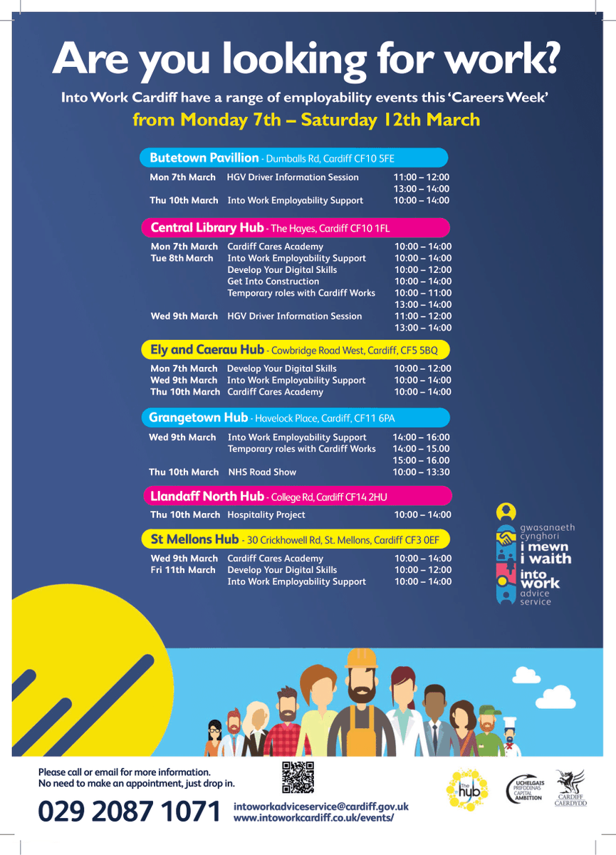 cardiff_hub's tweet photo. Are You Looking For Work?
Into Work Advice Service Cardiff are holding a range of events at various locations throughout the city. #CareersWeek #intowork #cardiff https://t.co/CQFAEfqDqr