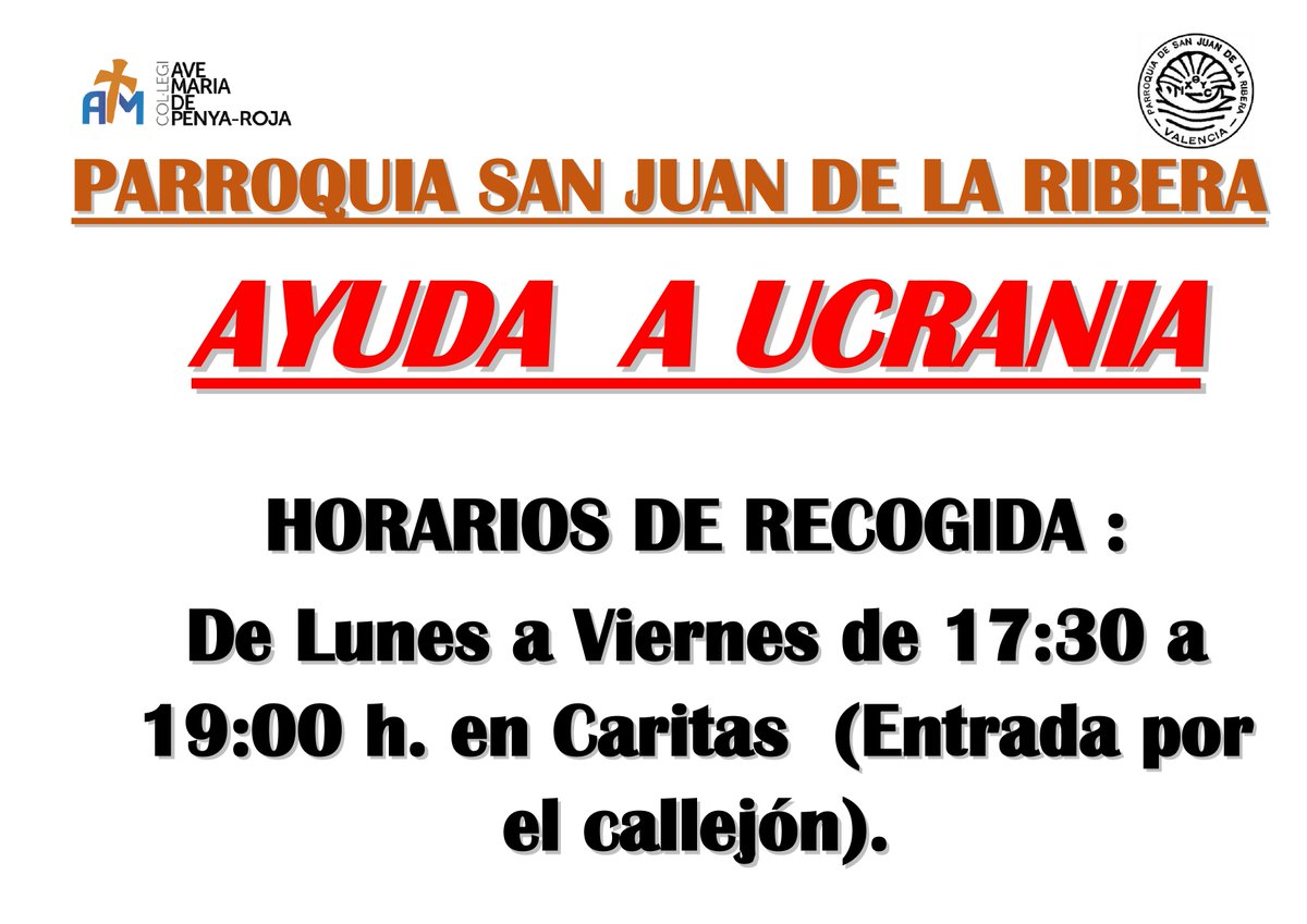 penyaroja_vlc's tweet photo. Desde nuestra parroquia de San Juan de la Ribera nos hacen un llamamiento urgente para colaborar en la ayuda en Ucrania.

#avemariadepenyaroja
#colegiosdiocesanos
#somosdiocesanos
#amaoscomoyoosheamado
#ayudaaucrania https://t.co/NCiKd0yW6t