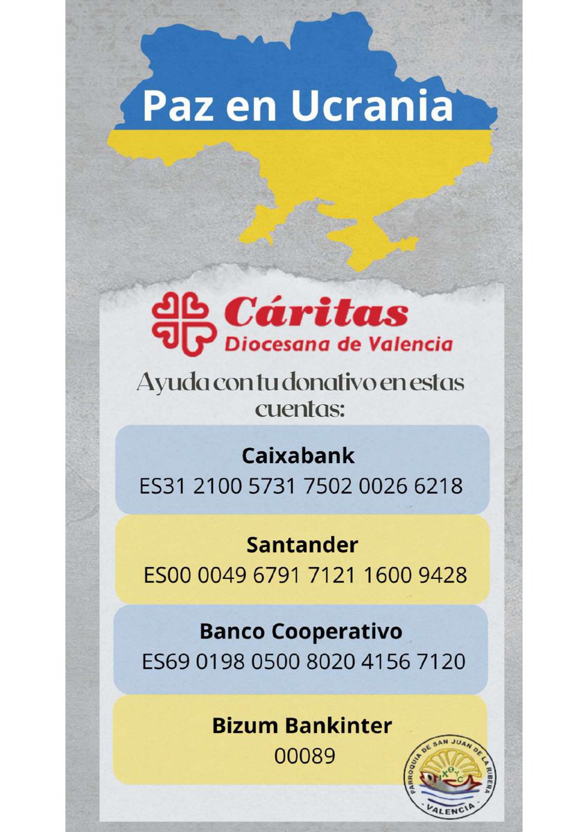 penyaroja_vlc's tweet photo. Desde nuestra parroquia de San Juan de la Ribera nos hacen un llamamiento urgente para colaborar en la ayuda en Ucrania.

#avemariadepenyaroja
#colegiosdiocesanos
#somosdiocesanos
#amaoscomoyoosheamado
#ayudaaucrania https://t.co/NCiKd0yW6t