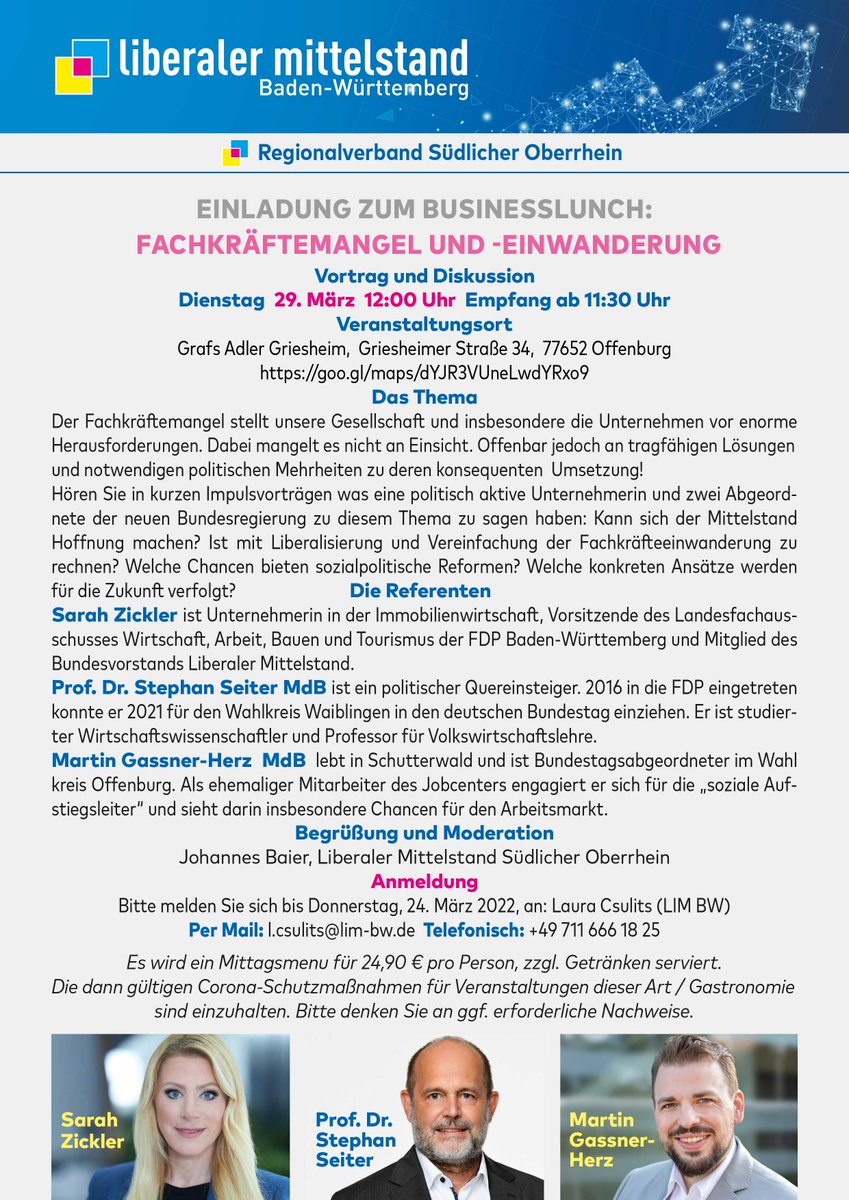 Der Regionalverband Südlicher Oberrhein Liberaler Mittelstand lädt ein zum Businesslunch mit dem Thema 'FACHKRÄFTEMANGEL UND EINWANDERUNG' am Dienstag, den 29. März 12:00 Uhr.
#Fachkräftemangel #Einwanderung #BusinessLunch