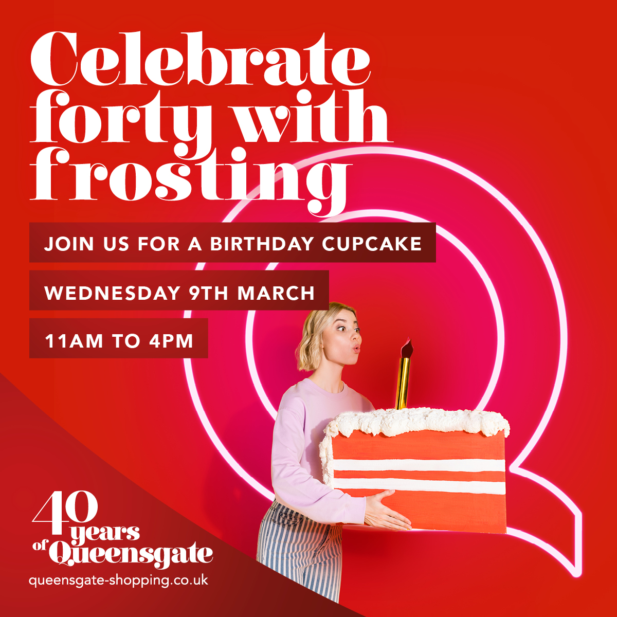 Queensgate_PB's tweet photo. This week we have lots of exciting activities going on in the shopping centre in celebration of Queensgate turning 40 on the 9th March! 🥳 

Find the events that will be on this week below, starting this Wed 9th March with FREE cupcakes &amp; our 40 Years of Queensgate exhibition. https://t.co/7uyk5UMYEB