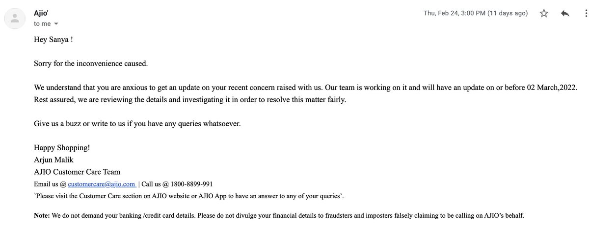 Sevenest7's tweet photo. @AJIOLife Hey @AJIOLife please do better than standard scripted replies. If customers are purchasing luxury goods, they expect service that matches the same. 14 days later, there is still no sign of refund. This has been going on since over 2 months now. https://t.co/cftmKjpkNB