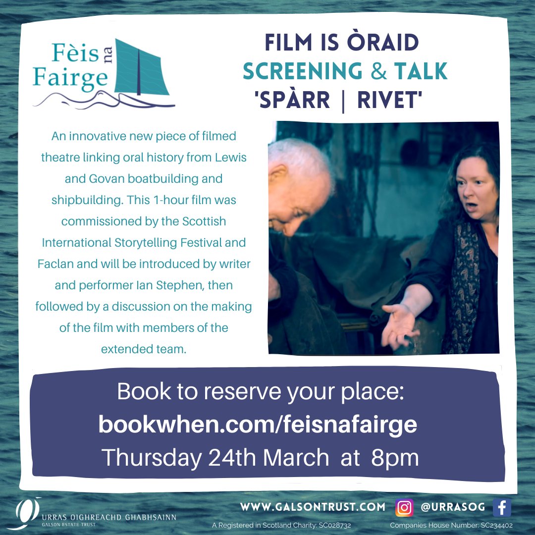 UrrasOG's tweet photo. #FeisNaFairge2022 - Film is Òraid | Screening &amp;
Talk

Thurs 24th March, 8:00 - 9:30pm

An innovative new piece of filmed theatre linking oral
history from Lewis and Govan #boatbuilding and
#shipbuilding. 

🎟️https://t.co/RvD2mng6EC⁠

#Theatre #GalsonEstate @ScotStoryFest #Faclan https://t.co/kTXZUmxAkq